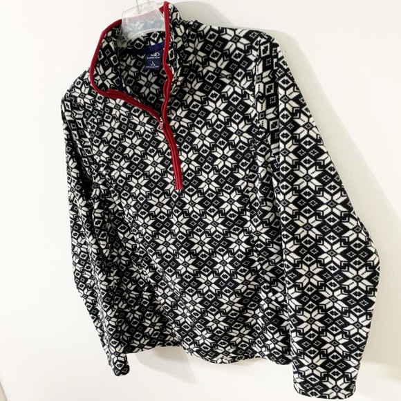 Lands’ End Snowflake Print Quarter Zip Long Sleeve Fleece Jacket Black White Red - Picture 3 of 7
